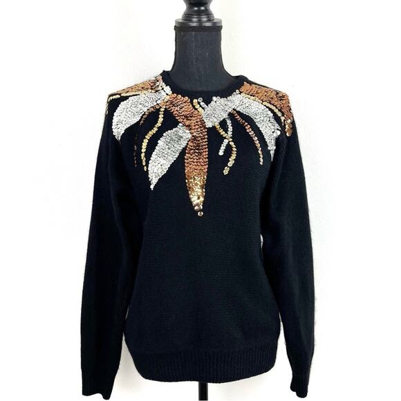 Vintage 90s Sweater Black Angora Silk Lambswool Sequin Design Dolman Sleeve - Picture 2 of 7